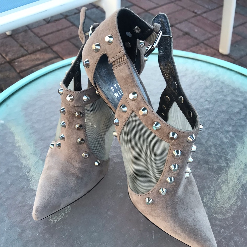 Stuart Weitzman Grey Suede Saunter Studded Topo Ankle Booties